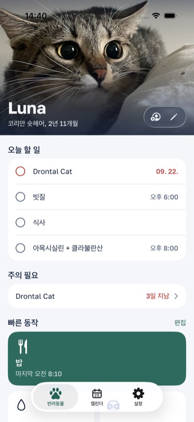 반려동물 카드: 오늘 할 일과 마지막으로 밥을 준 사람